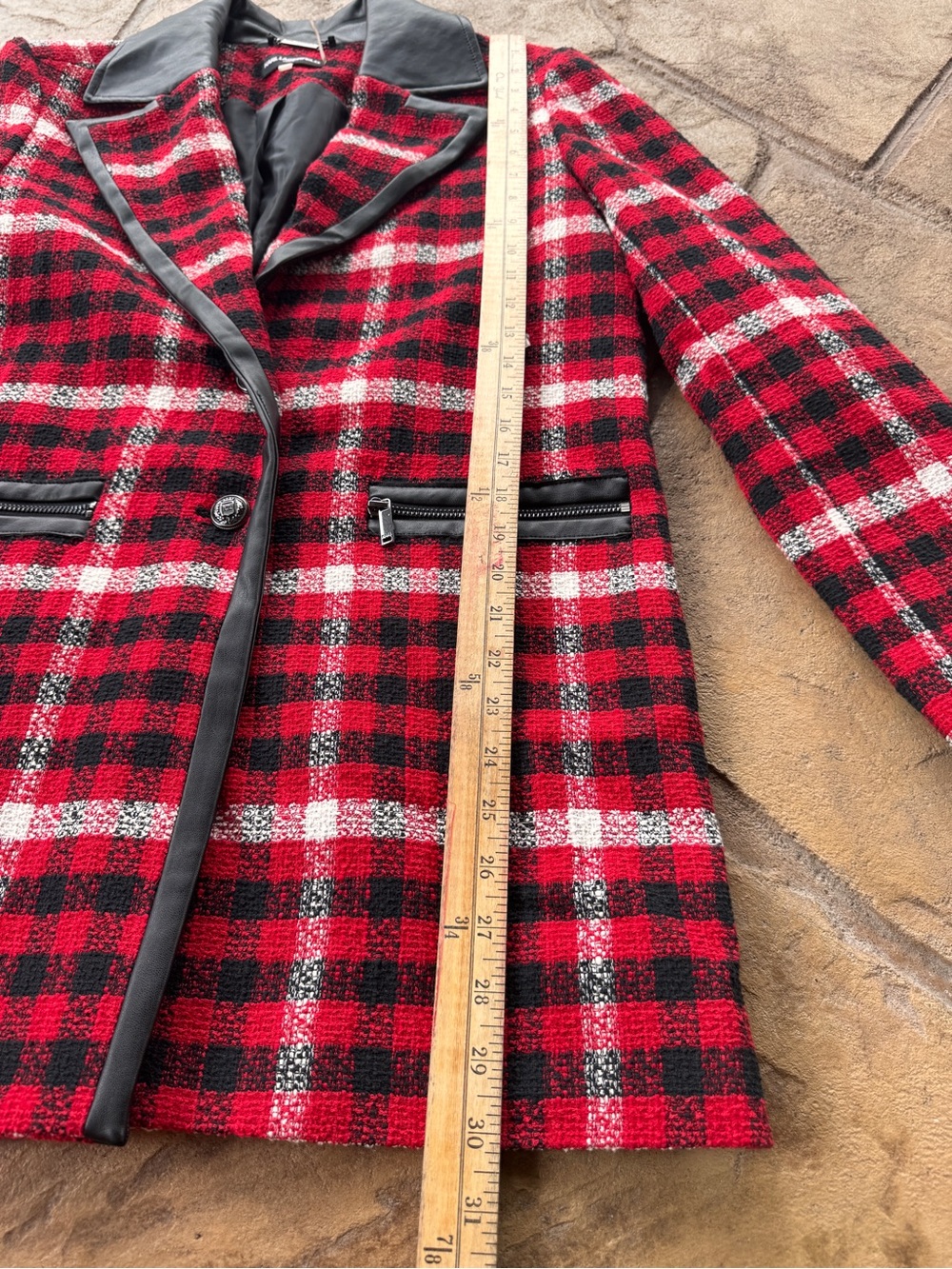 Karl Lagerfeld Paris Plaid Faux Leather Trim Long Blazer Jacket Size 10 - Picture 14 of 16